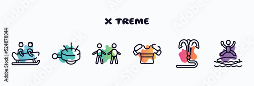 x treme outline icons set. thin line icons such as bobsledding, ringer, body mass index, armour, grappling hook, blobbing icon collection. can be used web and mobile.