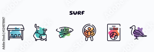 surf outline icons set. thin line icons such as team bench, stationary bicycle, canoeing, zorbing, baseball card, seagulls icon collection. can be used web and mobile.