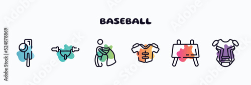 baseball outline icons set. thin line icons such as crocket, handlebar, bullfight, protections, buck, chest guard icon collection. can be used web and mobile.