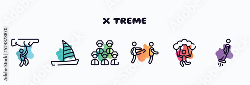 x treme outline icons set. thin line icons such as rappel, catamaran, baseball team, disciple, skydiving, flyboard icon collection. can be used web and mobile.