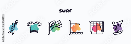 surf outline icons set. thin line icons such as team player, t-shirts, checkered flag, diving board, starting point, kitesurf icon collection. can be used web and mobile.