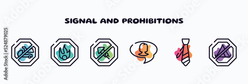 signal and prohibitions outline icons set. thin line icons such as no trucks, oxidant, no fireworks, videochat, necktie, no camping icon collection. can be used web and mobile.