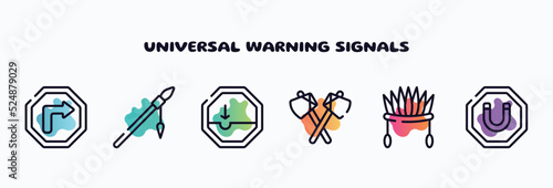 universal warning signals outline icons set. thin line icons such as right bend, native american spear, pothole, native american axes, indian headdress, magnet icon collection. can be used web and