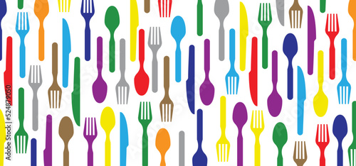 Cartoon cutlery, fork, spoon, knife silhouette pattern. Vector icon or symbol banner. seamless food patterns. Food, restaurant, menu. spoons, knives, forks. Kitchen element or tools. kitchen utensils.