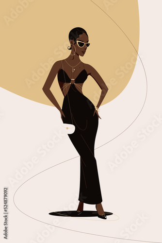 Elegant African american woman posing in a black dress and gold jewelry. Fashion and beauty flat vector illustration on abstract background. 