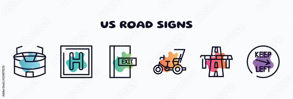 us road signs outline icons set. thin line icons such as big stadium, round hotel, emergency door, cycle rickshaw, bridge on avenue perspective, keep left icon collection. can be used web and