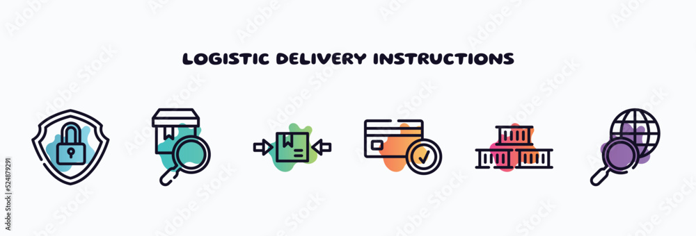 logistic delivery instructions outline icons set. thin line icons such as security, checking, use clamps, card check, containers, search worldwide icon collection. can be used web and mobile.