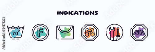 indications outline icons set. thin line icons such as null, petroleum solvent, drying, site seeing place, wrench and screwdriver, crossing road caution icon collection. can be used web and mobile.
