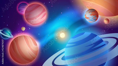 Space background. Colorful cartoon planets and deep space. Vector Illustration.