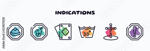 indications outline icons set. thin line icons such as mine site, throw to the bin, diamond ace, 30 degree laundry, cross stuck in ground, caution icon collection. can be used web and mobile.