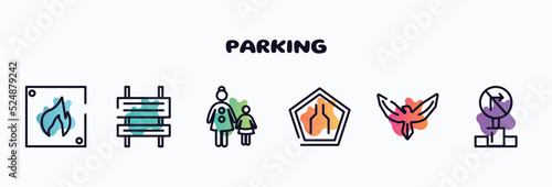 parking outline icons set. thin line icons such as fire triangular, rectangle and arrow, mother and child, narrow road, hawk, no turn right icon collection. can be used web and mobile.