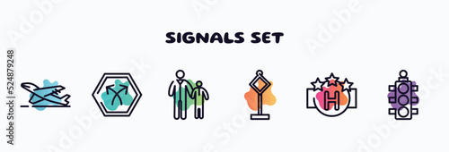 signals set outline icons set. thin line icons such as take off, bifurcation, father and child, traffic, square hotel, semaphore light icon collection. can be used web and mobile.