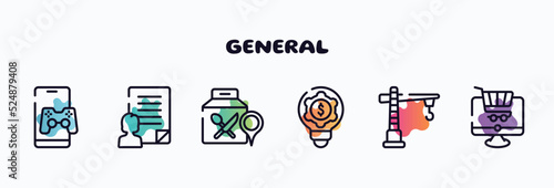 general outline icons set. thin line icons such as in-game advertising, agent script, food delivery, fintech innovation, construction crane, ecommerce platform icon collection. can be used web and