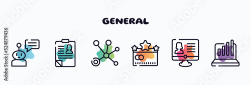 general outline icons set. thin line icons such as chat bot, hr policies, advertising networks, credit rating, hr software, info chart icon collection. can be used web and mobile.