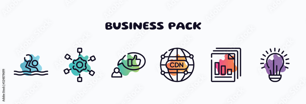 business pack outline icons set. thin line icons such as waterpolo, project scheme, recommendation, cdn, diagram files, lightbulb icon collection. can be used web and mobile.