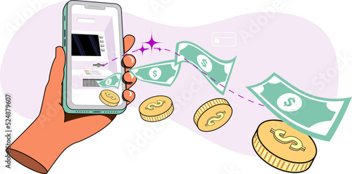 Receiving money using an ATM machine by banking mobile app holding hand a smartphone bank notes and coins concept vector illustration. can use for, landing page, template, ui, web, mobile app, poster,