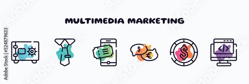 multimedia marketing outline icons set. thin line icons such as safe locker, big tie, eticket, talking about money, big dollar coin, webcode icon collection. can be used web and mobile.