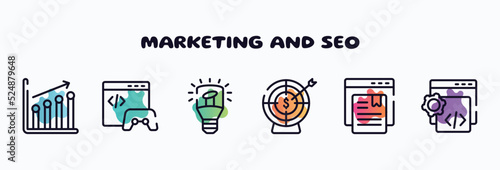 marketing and seo outline icons set. thin line icons such as seo performance, game developing, light modern lamp tool, target with an arrow, bookmark service, custom coding icon collection. can be
