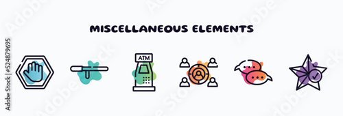 miscellaneous elements outline icons set. thin line icons such as ad blocker, baton stick, atm hine, employing, speech bubbles, favorites icon collection. can be used web and mobile.