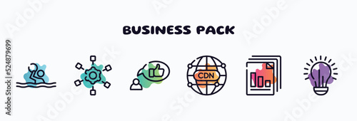 business pack outline icons set. thin line icons such as waterpolo, project scheme, recommendation, cdn, diagram files, lightbulb icon collection. can be used web and mobile.