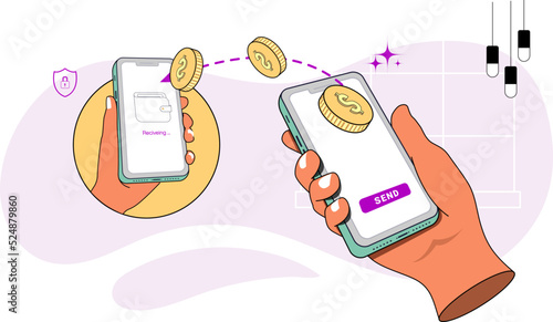 Sending money from a mobile banking app to another phone or an account hand holding a smartphone sending coins concept vector illustration can use for, landing page, template, ui, web, mobile app, 