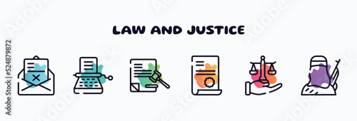law and justice outline icons set. thin line icons such as crime letter, stenographer, legal paper, contract law, justice scales in hand, icon collection. can be used web and mobile.