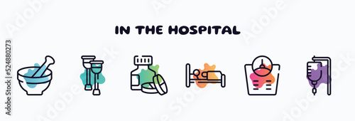 in the hospital outline icons set. thin line icons such as medicines bowl, health crutches, s, illness on bed, bathroom scales, hospital drip bag icon collection. can be used web and mobile.