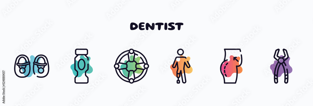 Fototapeta premium dentist outline icons set. thin line icons such as baby shoes, hydratation, life saver, prosthetic, butt, tooth pliers icon collection. can be used web and mobile.