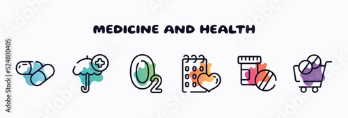 medicine and health outline icons set. thin line icons such as medicine capsule, umbrella with plus, oxygen, null, phareutical drugs, phareutical delivery icon collection. can be used web and
