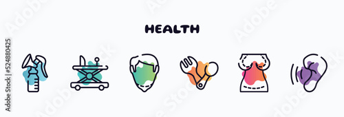 health outline icons set. thin line icons such as breast pump, baby walker, chin, spoon and fork, augmentation, hearing icon collection. can be used web and mobile.