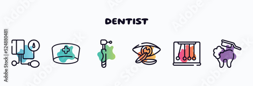dentist outline icons set. thin line icons such as tonometer, doctor cap, dental drill, contact lens, momentum, brushing teeth icon collection. can be used web and mobile.
