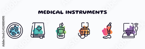 medical instruments outline icons set. thin line icons such as microscopic, medicine book, glucometer, dialysis, prothesis, ultrasonography icon collection. can be used web and mobile.