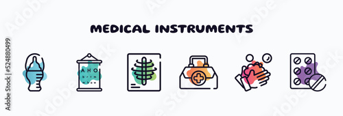 medical instruments outline icons set. thin line icons such as baby bottle, sight check table, x rays, doctor briefcase, washing hand, antibiotic icon collection. can be used web and mobile.