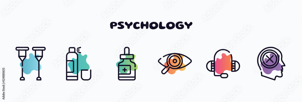 psychology outline icons set. thin line icons such as crutches, null, fluid, eye exam, medical support, negativity icon collection. can be used web and mobile.
