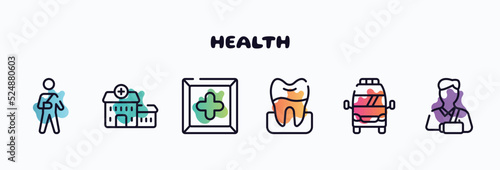 health outline icons set. thin line icons such as wounded man, health center, cross inside a square, premolar, frontal ambulance, broken arm icon collection. can be used web and mobile.