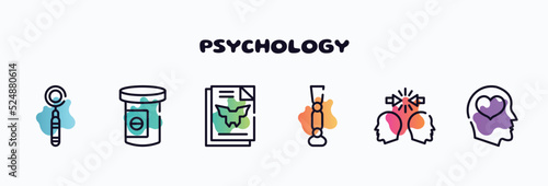 psychology outline icons set. thin line icons such as mouth mirror, antidepressants, inkblot test, prosthesis, conflict, mental health icon collection. can be used web and mobile.