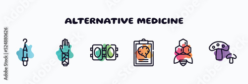 alternative medicine outline icons set. thin line icons such as periodontal scaler, splint, knee pad, mental checklist, apitherapy, fungi icon collection. can be used web and mobile.