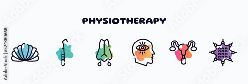 physiotherapy outline icons set. thin line icons such as mollusc, dental probe, mucus, obsession, reproductive system, massage ball icon collection. can be used web and mobile.