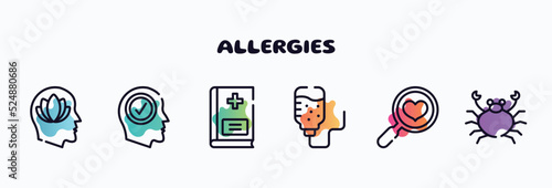 allergies outline icons set. thin line icons such as peace of mind, positivity, vademecum, iv bag, health check, seafood icon collection. can be used web and mobile.