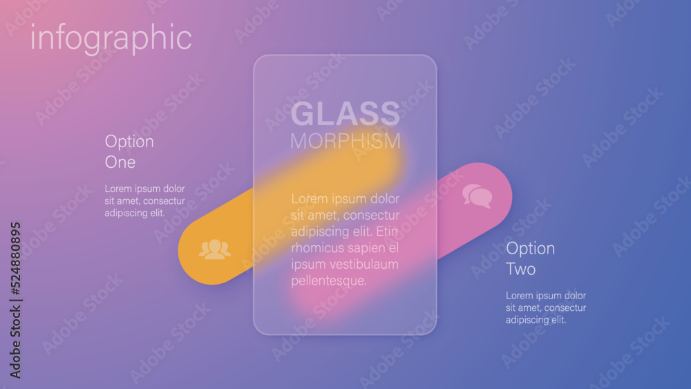 Infographic for 2 options, vector gradient design with realistic frosted glass, glassmorphism effect