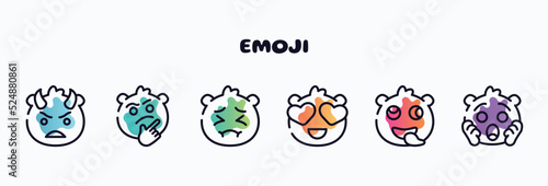 emoji outline icons set. thin line icons such as angry with horns emoji, curious emoji, pensive in love stupid shocked icon collection. can be used web and mobile.