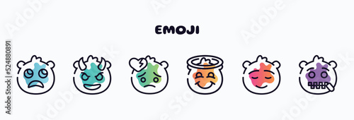 emoji outline icons set. thin line icons such as slightly frowning emoji, smiling with horns emoji, broken heart smiling with halo calm -mouth icon collection. can be used web and mobile.