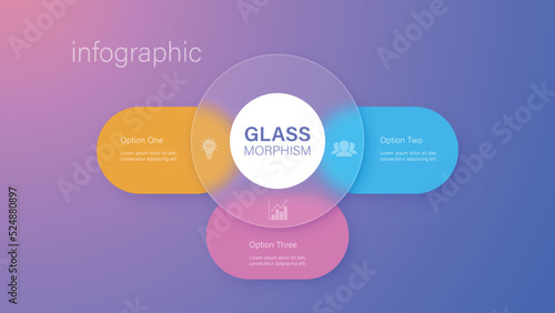 Infographic for 3 options, vector gradient design with realistic frosted glass, glassmorphism effect
