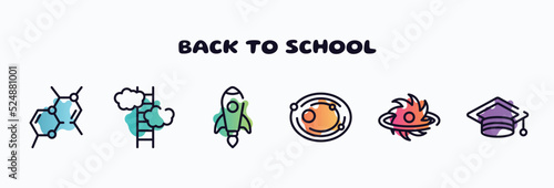 back to school outline icons set. thin line icons such as chemical bond, ascend, rocket launch, solar system, black hole, graduation hat icon collection. can be used web and mobile.