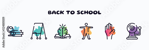 back to school outline icons set. thin line icons such as studies, flipchart, philosophy, anatomy, raise hand, alarm bell icon collection. can be used web and mobile.