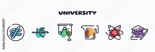 university outline icons set. thin line icons such as is approximately equal to, optics, pulley, measure cup, galaxy, thesis icon collection. can be used web and mobile.
