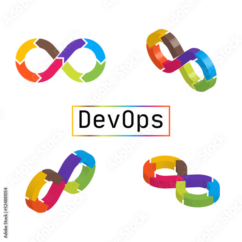 Isometric DevOps signs. 3d projections of development operations emblem.