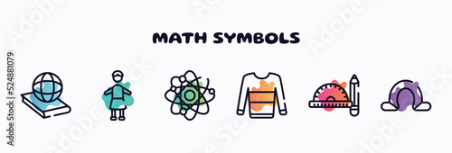 math symbols outline icons set. thin line icons such as politics, headmistress, neutrons, sweatshirt, drawing tools, omega icon collection. can be used web and mobile.