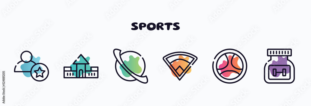 sports outline icons set. thin line icons such as novice, fort, saturn, baseball field, driving, supplement icon collection. can be used web and mobile.