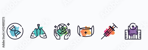 outline icons set. thin line icons such as dna, pneumonia, save the world, medical mask, syringe, hospital icon collection. can be used web and mobile.